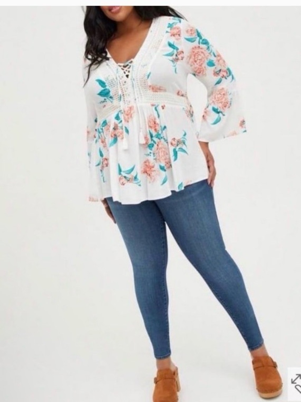 Torrid White Floral Lace-Up Peasant Tunic
